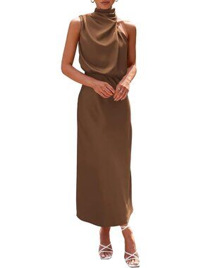 〽️Women's Khaki Satin Maxi Dress Mock Neck Sleeveless Wedding Guest Formal Wear